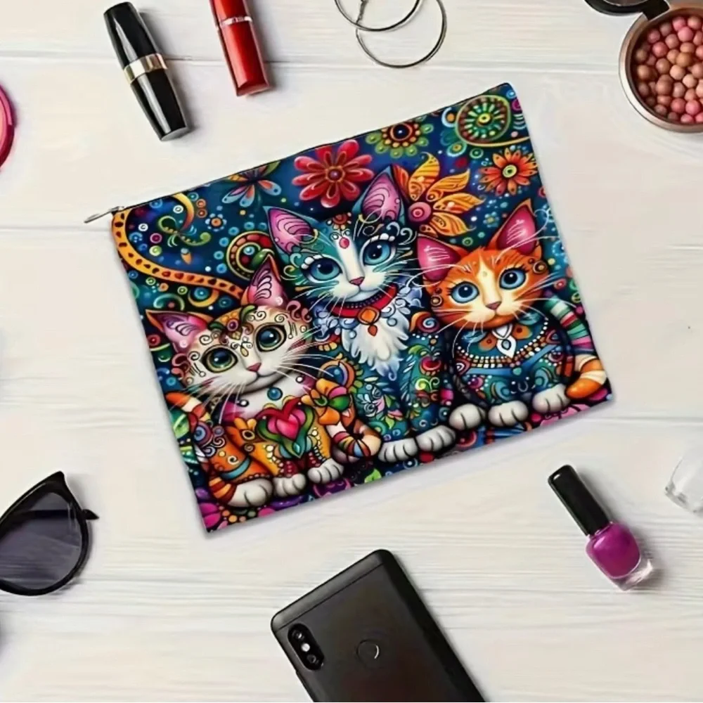 Henna Painted Cat Print Zipper Cosmetic Pouch